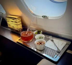 Warm nuts and a drink, view out of the A380 window